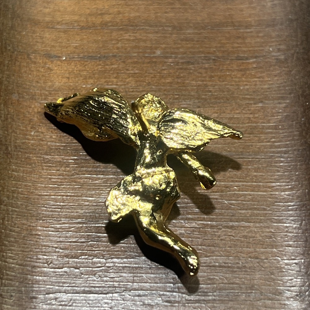 Vintage Angel Cherub Lapel Pin Gold Tone Religious Guardian Angel Rhinestone